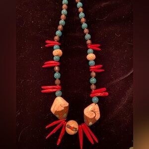 Vintage natural coral and turquoise Native American Necklace Beaded Carved